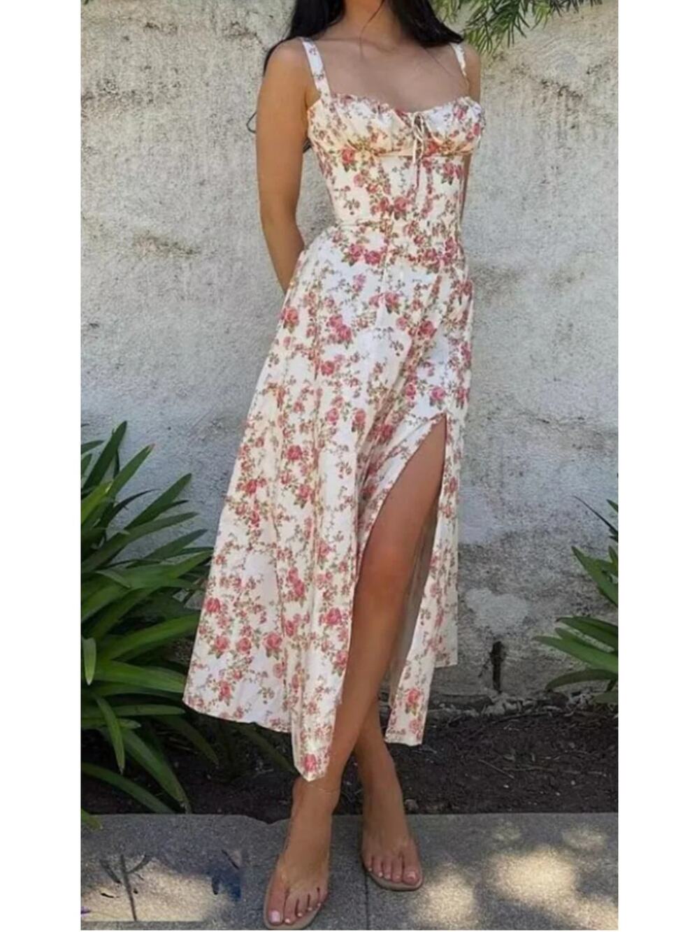 Commense Rosebud Floral Lace-Up Midi Sundress XL - Romantic Summer